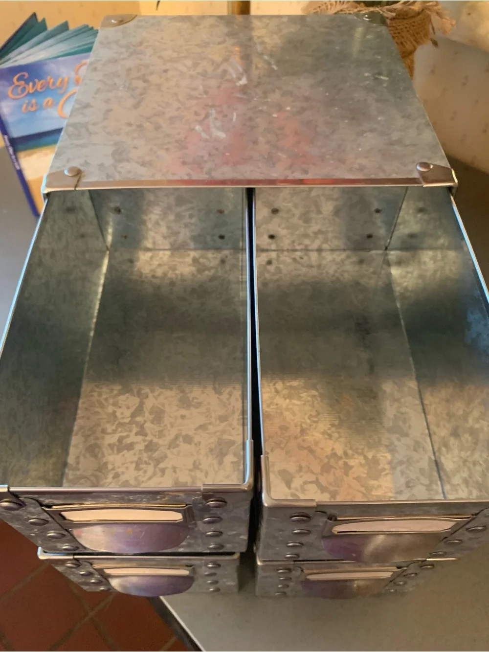 Galvanized metal desk top, inset label holders 4 drawer storage chest metal pull